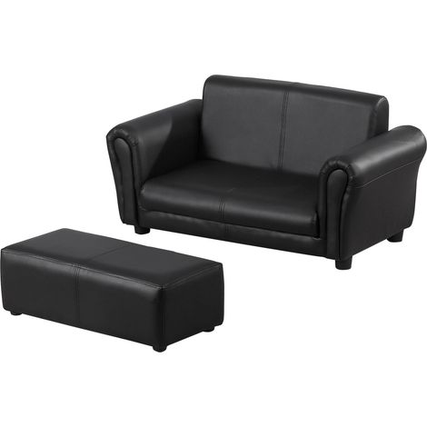 Kids Sofa Bed Kids Twin Sofa Toddler Chair 2 Seater Kids Twin Sofa Chair Boys Girls Couch w Footstool (Black) (1/5)