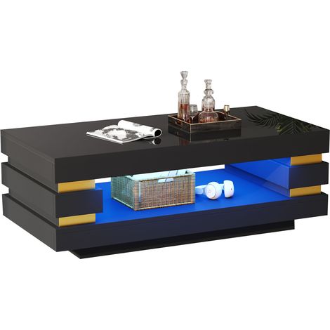 Table basse 100 x 50 x 35 cm avec centre creux de rangement, table à café et à thé, éclairage LED à bande brillante, idéale pour les petits appartements, en panneau de particules, noir (1/5)
