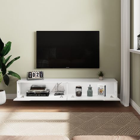 SONNI TV Board Möbel Hängend TV Schrank Board mit 2 Klapptüren Weiß Hochglanz 180x35x30cm mit Einstellbar LED Beleuchtung