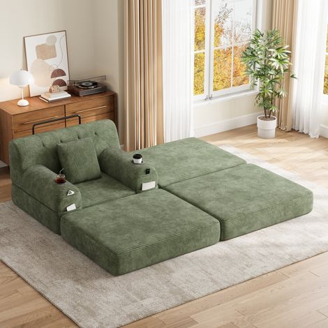 Sillón cama 1 plaza de pana con pouf, respaldo alto y 2 portavasos verde (1/5)