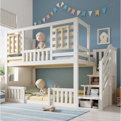 Lit superposé 90x200 cm blanc style cabane, en bois, avec escalier-rangement et sommier à lattes