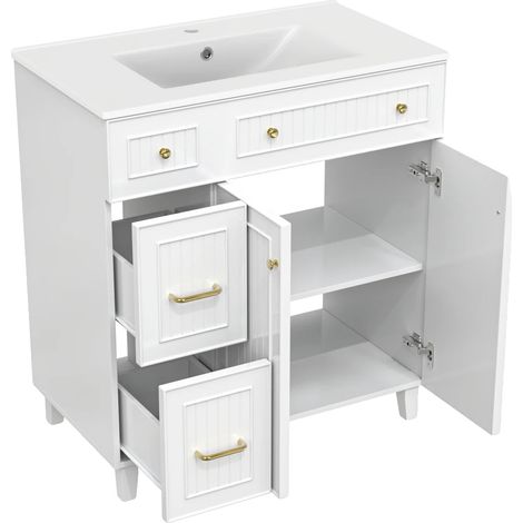 Mobiletto da bagno con vani portaoggetti multifunzionali, lavabo in ceramica, struttura resistente in MDF, colore bianco (CQY-White). (1/2)