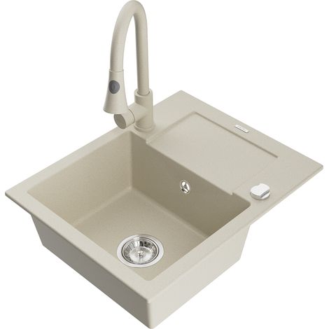 Mexen Enzo lavello in granito con 1 vasca con scolapiatti e rubinetto da cucina Elia, beige - 6506-69-670101-69 (1/5)
