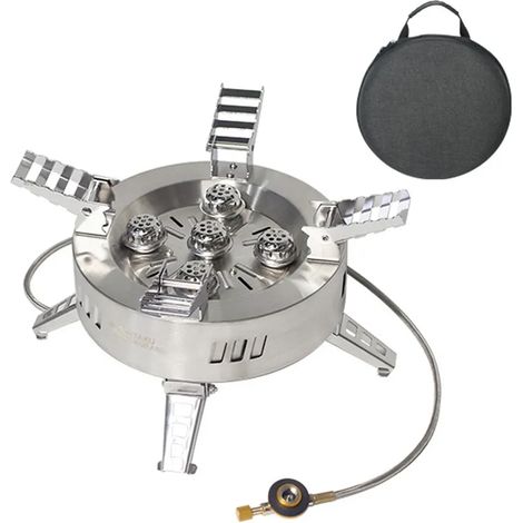 Réchaud à gaz portable de camping à 5 brûleurs, puissant (18 000 W), pliable, en acier inoxydable, avec sac de rangement et idéal pour les pique-niques. (1/5)