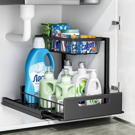 Rangement sous Évier Cuisine, Métal Organisateur sous Evier Tiroir Coulissant à Extraction 2 Étages Forme en L, Rangement Et Organisation De Cuisine Stable de Grande Capacité, Noir