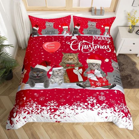 Joyeux Noël litière de chat Noël flocons de neige housse de courtepointe pour enfants adorable chaton animal de compagnie housse de courtepointe pour animaux de compagnie Rouge Blanc, 200x200cm - 200x (1/5)