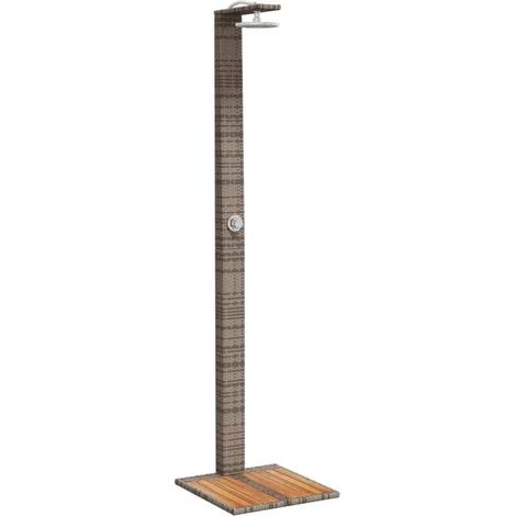 Cabine de douche extérieure grise, dimensions 50 x 55 x 224 cm, en résine tressée et bois d'acacia. (1/5)