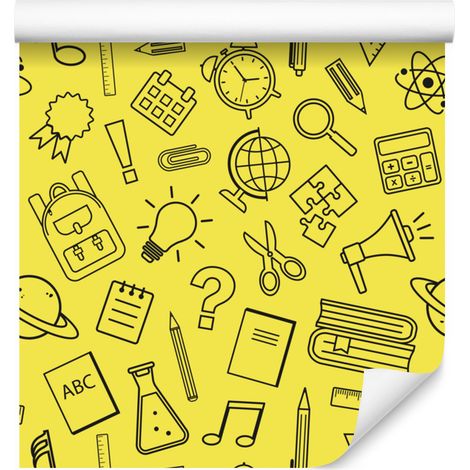 Papel pintado con diseño de material escolar amarillo, fondo amarillo para salón y dormitorio, 50x1000 cm. (1/5)