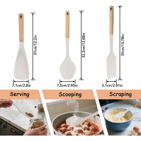Spatule multifonctionnelle - Ensemble de 3 spatules en silicone avec manche en bois, cuillère multifonctionnelle pour poêles antiadhésives, cuillère de cuisson résistante à la chaleur et spatule pour (1/4)