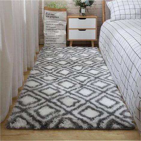 Tapis Shaggy - 80 x 160 cm - Polyester - Blanc Noir - Rectangle - Pour Salon Chambre Bureau (1/2)