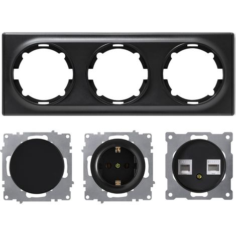 Plaque de finition 3 postes Florence + 1 Prise avec terre + 1 Interrupteur simple + 1 Prise RJ45 - noir