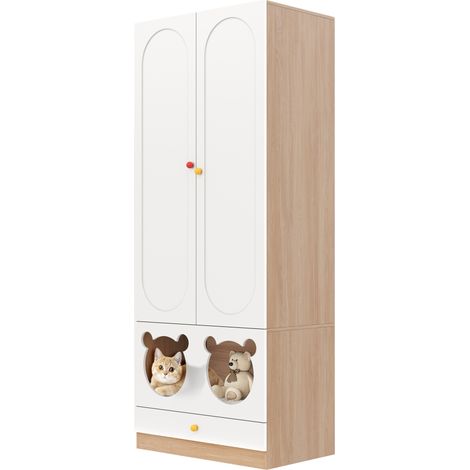 Armoire pour chambre d’enfant à deux portes avec penderie et tiroirs, finition laquée blanche et bois, 80 x 50 x 200 cm (1/5)