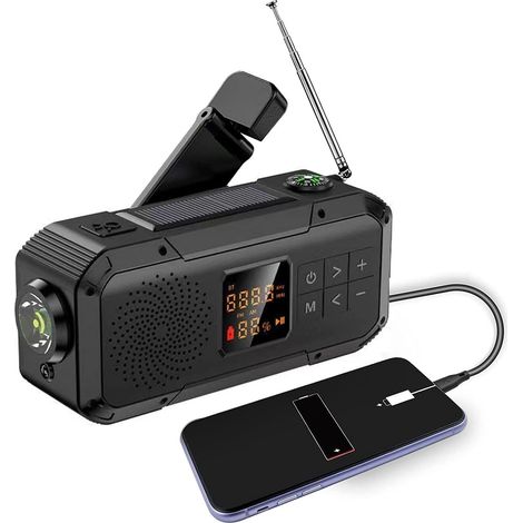 Radio de emergencia solar con manivela de 2000 mAh, radio meteorológica con manivela, linterna, cargador de teléfono celular, radio de supervivencia, radio AM/FM, radio a batería, suministros de emerg (1/4)