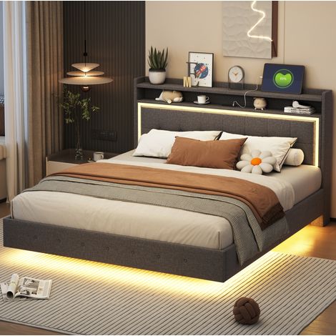 CHICFURN Lit coffre capitonné gris 180x200 avec tête de lit escamotable et station de charge (1/5)
