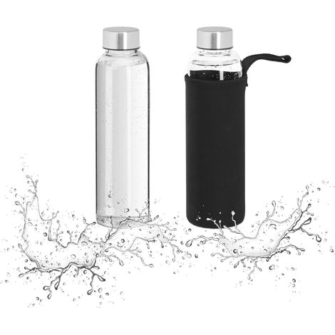 Relaxdays Glass Bottle, 2x Set, 500ml Volume Capacity, with Protective Cover Neoprene, HxD 23.5x6.5cm, Transparent/Black