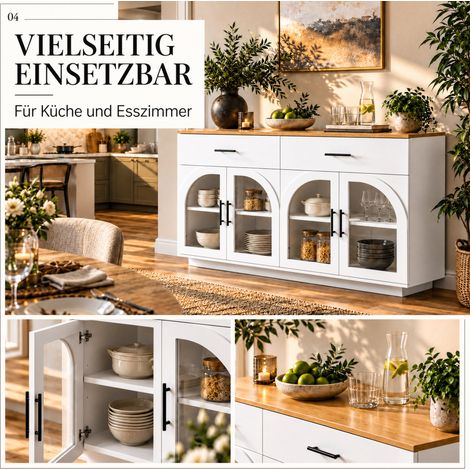 Aparador de cocina 147x40x86 cm MDF blanco LED 2 cajones 4 puertas con encimera - CHICFURN (1/5)