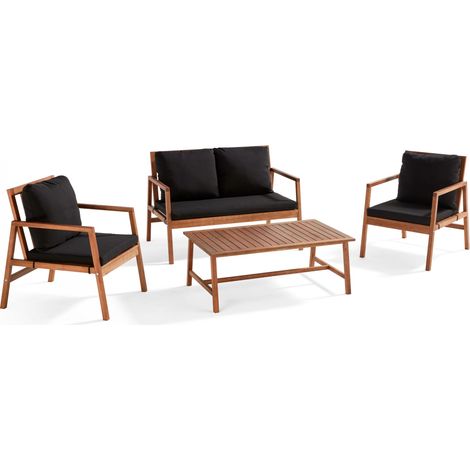 Salon de  jardin bois avec 1 canapé, 2 fauteuils et table basse noir