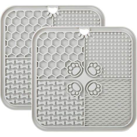Lot de 2 tapis de fuite pour chien, tapis de nourriture pour beurre et yaourt, jouet pour le bain, l'entraînement et le toilettage, gris, 20 x 20 cm (1/5)