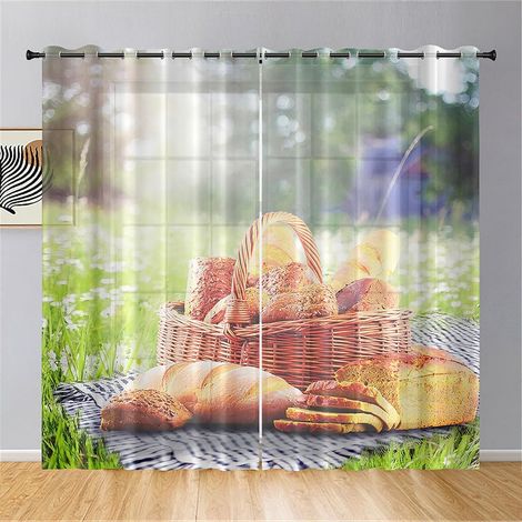 Juego de 2 cortinas transparentes con estampado de pan, cortinas semitransparentes con ojales, cortinas modernas para la decoración del hogar, dormitorio, sala de estar (132x160cm, Picnic) (1/5)