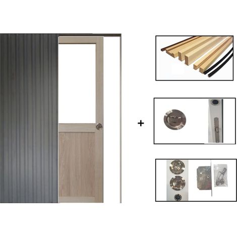 Porte Coulissante Atelier placage chene Vitree H204 x L83 + SYSTEME Galandage et kit finition inclus (1/5)