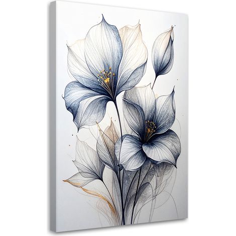 Quadro su tela, Delicate foglie e fiori blu in una composizione minimalista. - 80x120 (1/2)