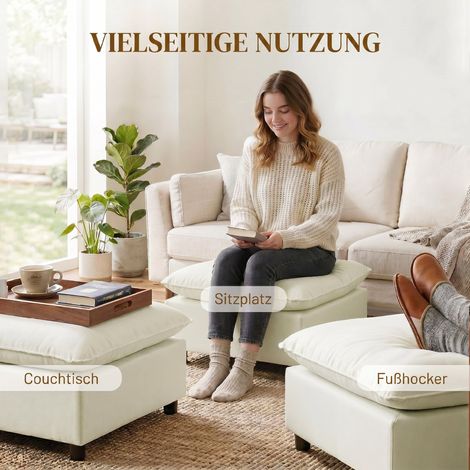 Pouf moderne en tissu, ottomane avec pieds en plastique pour salon et chambre, 75 cm, blanc crème (1/4)