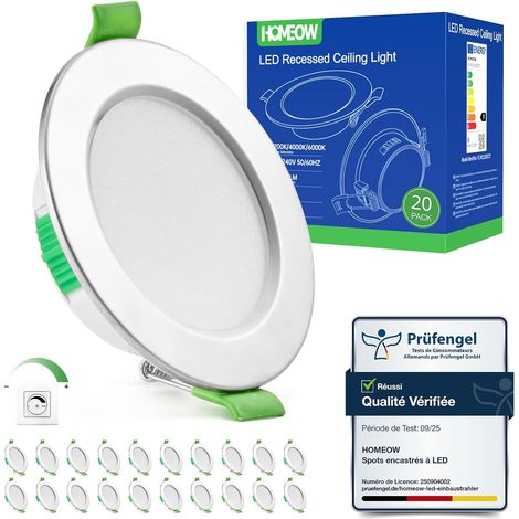 Lot de 20 Spot LED Encastrable Dimmable 5W, Spot LED Encastrable 68mm - 80mm Découpe, Blanc Chaud 2700K Blanc Neutre 4000K Blanc Froid 6000K Réglable Spot Salle de Bain IP44 pour Salon Cuisine