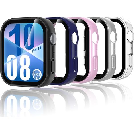 5 Pièces Coque Compatible avec Huawei Watch Fit 4, Coque Rigide en PC avec Protecteur d'écran, Coque HD avec Verre Trempé - Transparent,Noir,Rose,Argent,Bleu (1/5)