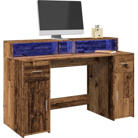 Escritorio con LED madera ingeniería envejecida 140x55x91 cm