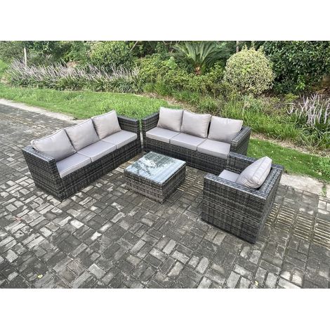 Fimous Rattan Garden Furniture Sofa Set with Armchair Square Coffee Table Indoor Outdoor 7 Seater Rattan Set Dark Grey Mixed (1/5)