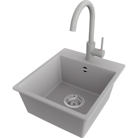 PRIMAGRAN Evier Cuisine en Granit 38x44cm,Lavabo 1 bac + Robinet 32x20cm + Kit de Vidage, Évier à Encastrer au meuble 40cm - Riga Easy, Gris (1/5)