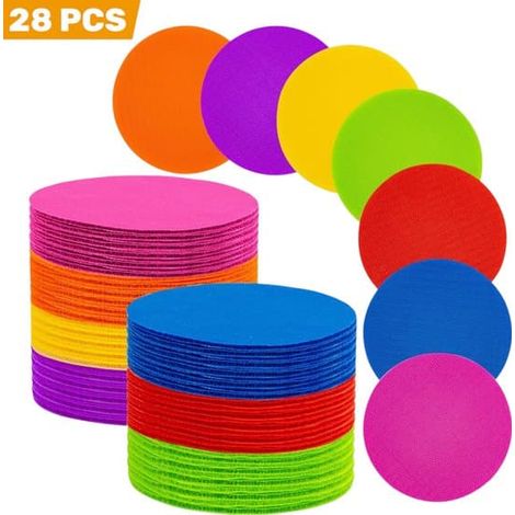 28 pièces - Autocollants de sol colorés de 10 cm - Marqueurs Velcro pour tout-petits et enfants d'âge préscolaire - Jeux éducatifs - 28 pièces - 4 pièces - 10 cm