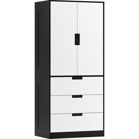 2 Door Wardrobe-Modern Wardrobe with 3 Drawers and Hanging Rod for Bedroom-Black (1/5)