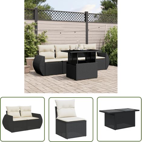 The Living Store Salon de jardin 5 pcs avec coussins noir résine tressée - Ensemble Salon De Jardin - Meuble Extérieur - Jardin Design - Mobilier De Jardin - Chaise Lounge (1/5)