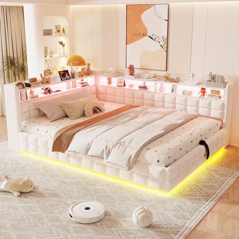 Lit banquette rembourré 140 x 200 cm avec rangement hydraulique, étagères, LED, USB-C, velours beige (1/5)