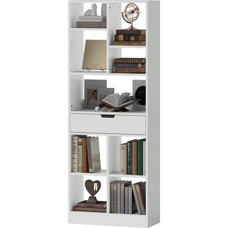 Estantería de Pie con 9 Estantes, 1 Cajón, Estante de Almacenamiento con Seguridad Antivuelco, Estante de Oficina para Sala de Estar, Oficina, 60 x 26 x 158 cm, Blanco (1/5)