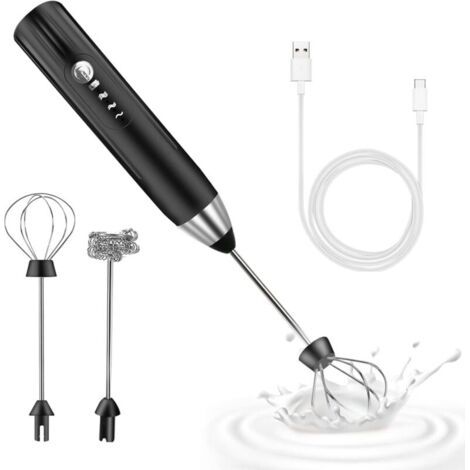 Mousseur à Lait Électrique,Mousseur de Lait Rechargeable USB et Mini Fouet Electrique, Mélangeur Acier Inoxydable, pour Café, Café au Lait(Noir)