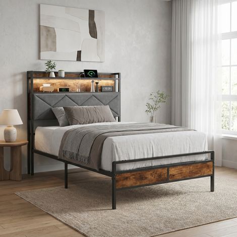 Letto singolo 90x200 cm nero, 1 posto, stile industriale, testiera in tessuto grigio con ripiani, LED e porta USB, contenitore, rete a doghe, struttura letto in metallo