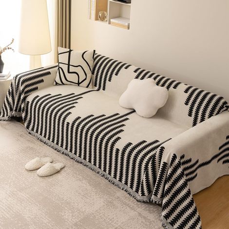 Housse de canapé super moelleuse 3 places, plaid canapé décoratif à motif artistique avec frange pour canapé/lit/extérieur 180 x 340 cm - Noir