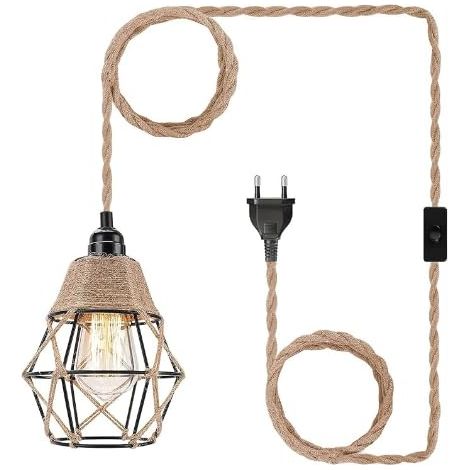 Kit de suspension en corde de chanvre avec prise, lampe suspendue rétro E27 avec câble en corde de chanvre de 4,5 m et abat-jour en cage en métal, douille avec interrupteur pour chambre à coucher