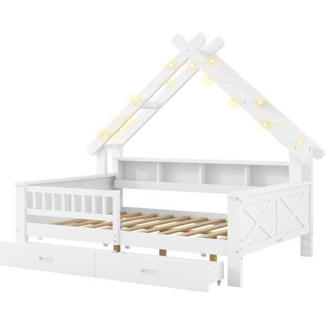 Cama infantil con forma de casa 140 x 200 cm con LED, almacenamiento y barrera, blanca MODENUIT (1/5)