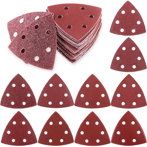 Lot de 50 papiers abrasifs triangulaires de 90 mm avec crochet et boucle pour ponceuse orbitale aléatoire (6 trous)