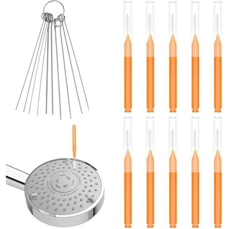 10 pièces Brosse de nettoyage pour pommeau de douche, avec 10 cure-pipes, outil anti-colmatage pour petits trous, poils mini pour buses et interstices, salle de bain. (1/5)