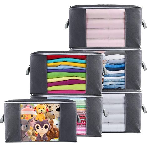 Sac de Rangement Vetement Lot de 6, 90L Grands Boite Rangement sous Lit Pliable avec Poignée, Non-Tissé Housse Rangement Couette pour Couvertures (1/5)
