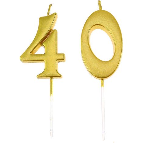 Lot de 2 bougies d'anniversaire numéro 40, décorations pour gâteau d'anniversaire, articles de fête (chiffres 4 et 0, dorés)-Golden