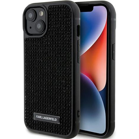 Custodia per iPhone 15 Karl Lagerfeld con logo in strass e placca in metallo nera (1/5)