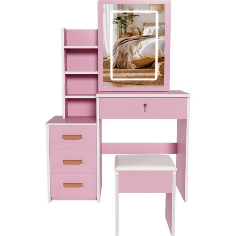 Tocador de maquillaje rosa con espejo LED, 4 cajones y taburete acolchado, 85x130x36 cm (1/5)