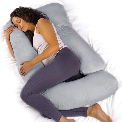 Aamira J Shaped Pregnancy Pillow Light Grey, 140x70x20cm Shredded Memory Foam Full Body Maternity Cushion for Sleeping (1/5)