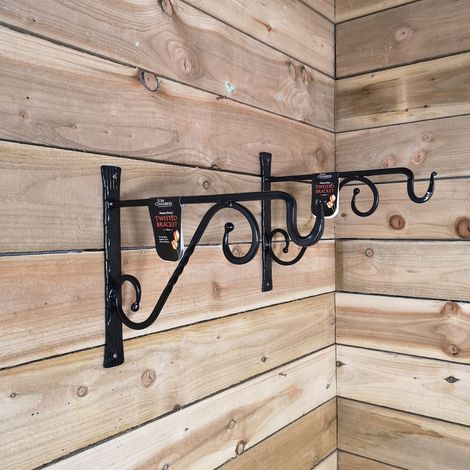 Pack of 2 Tom Chambers Heavy Duty Handcrafted Metal 35cm Black Twisted Wall Bracket Hook For Garden Patio Hanging Basket Planter Bird Feeder (1/5)