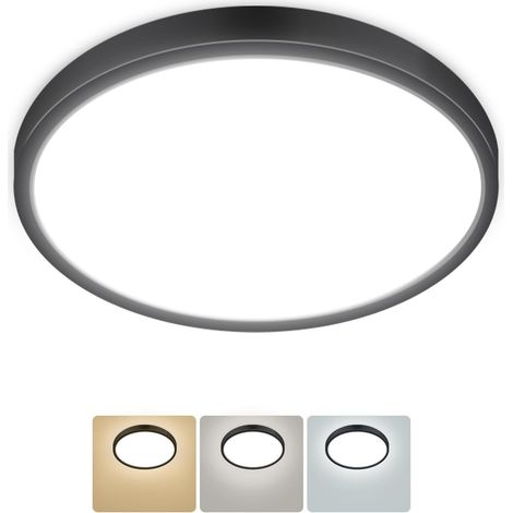 Plafonnier LED, 3 couleurs - 3000K/4000K/6500K, 16cm IP44 Etanche Lampe plafond, Moderne, Rond, Lampe Salle de Bain Plafond pour Salon, Chambre, Chambre d'enfant, Cuisine, Couloir, Noir (1/5)